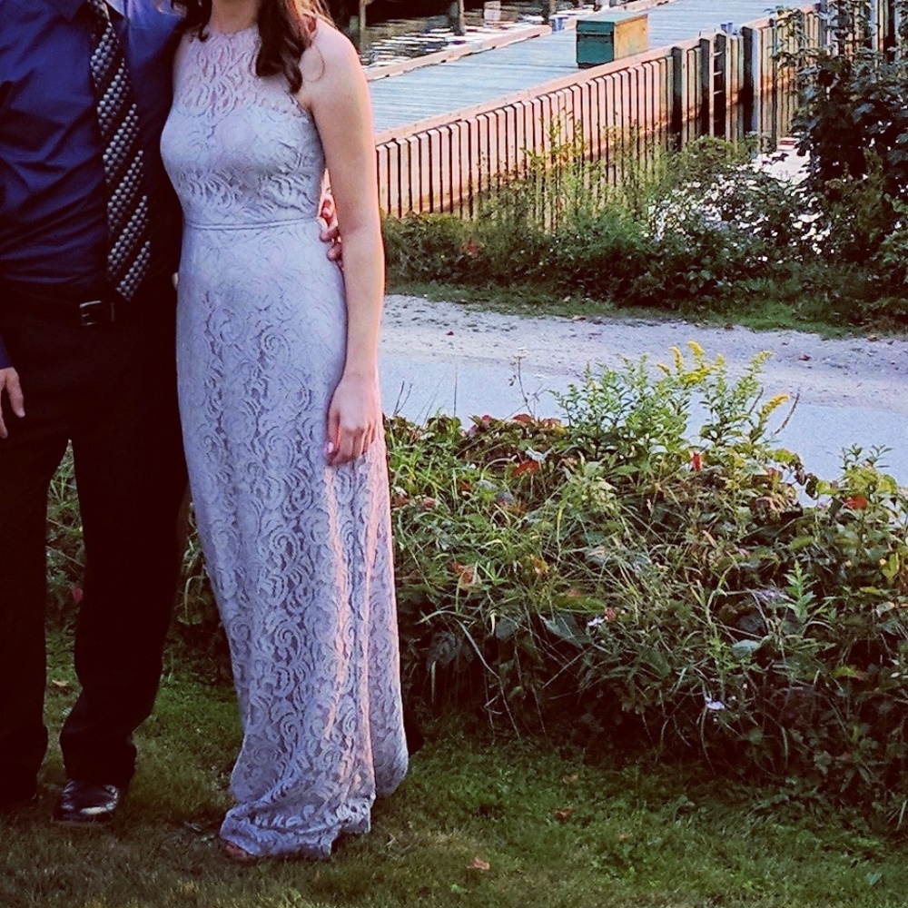JCrew pale grey lace gown